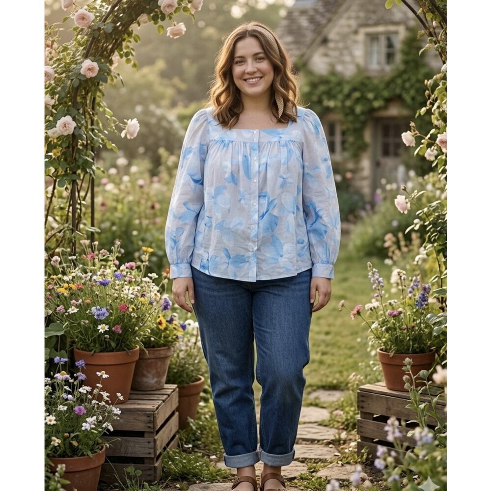 NWT Calvin Klein Womens Plus Size 3X Blue Floral Blouse Square Neck Boho Coastal
